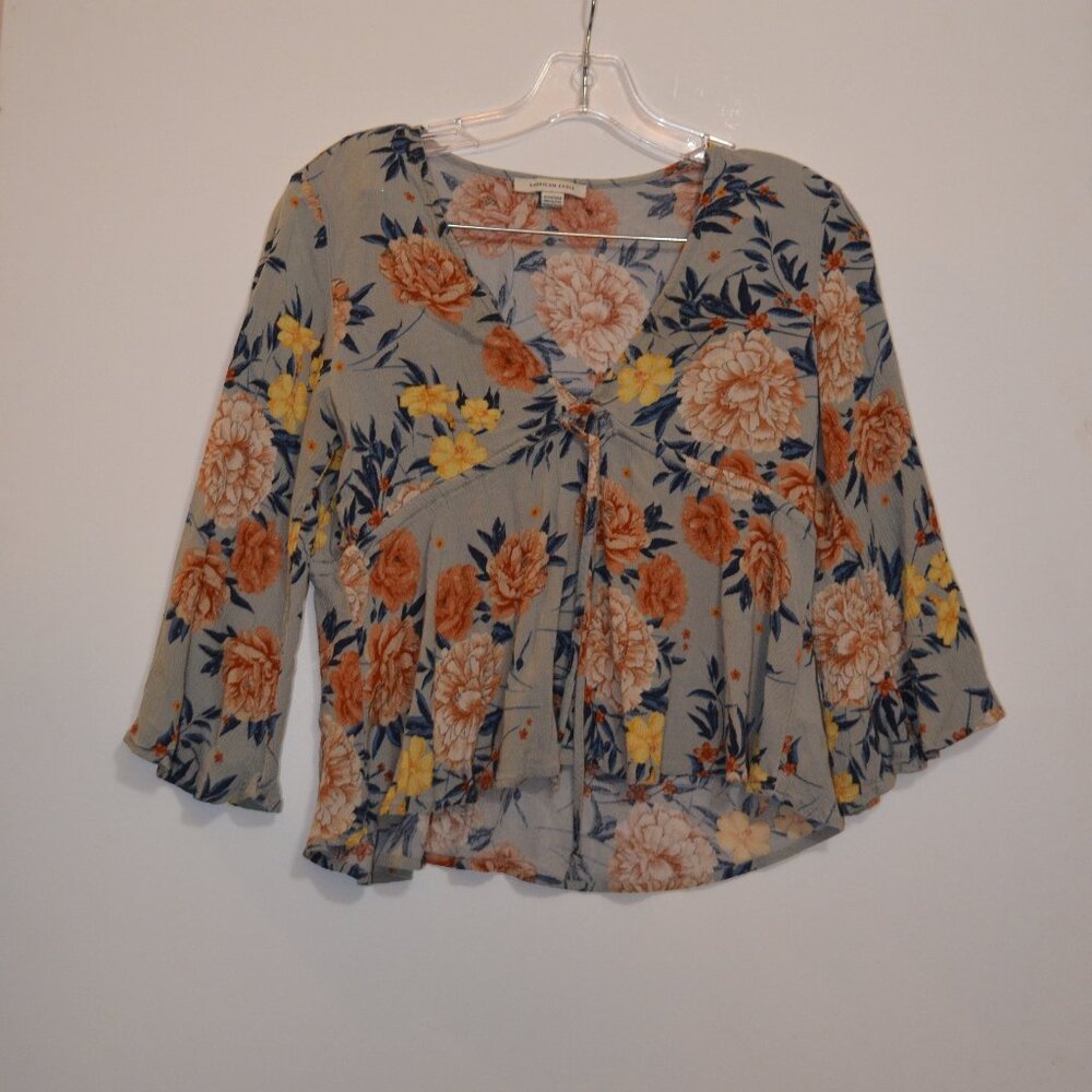 American Eagle V-Neck Ties on Waist 100% Viscose Floral Prints Flare Blouse XS